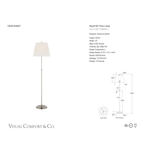 Suzanne Kasler by Visual Comfort Signature Wyatt 52" Floor Lamp in Polished Nickel with Linen Shade Designer: Suzanne...