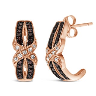 10K Rose Gold 1/3 Cttw White and Brown Diamond Milgrain Criss Cross J-Hoop Earrings (I-J Color, I1-I For Sale