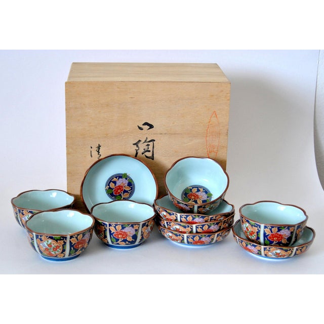 Imari Cherry Blossom Tea Cups And Saucers In Hinoki Wood Box Set
