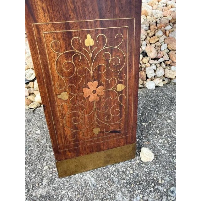 Wood Pair of Vintage Vinyl Seat Brass Inlaid Camel Saddle Stools For Sale - Image 7 of 12