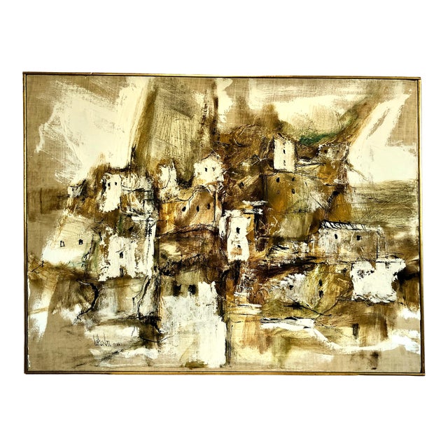 Mid-Century Abstract Landscape of a Hillside Village, by Gino F. Hollander (1924–2015) For Sale