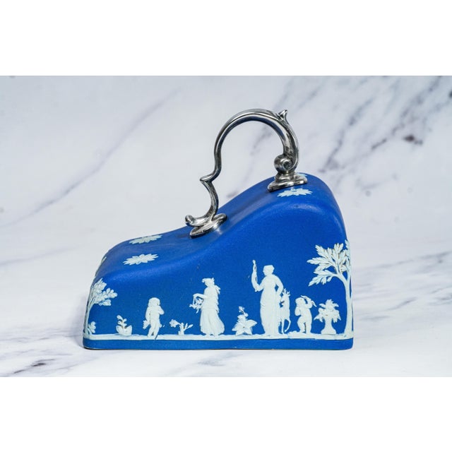 Victorian Wedgwood English 19th Century Antique Cheese Tray Dish Porcelain Silverplate Victorian Neoclassical Blue and White Jasperware For Sale - Image 3 of 17
