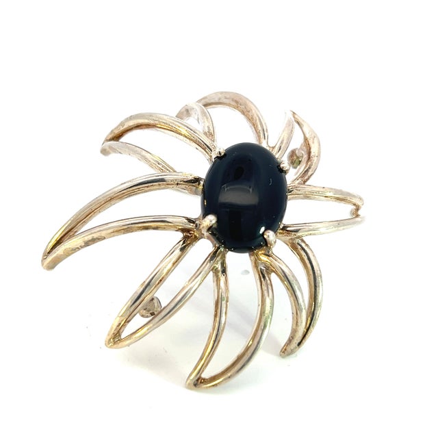 1990s 1990s Tiffany & Co Estate Large Onyx Flower Brooch Sterling Silver For Sale - Image 5 of 8