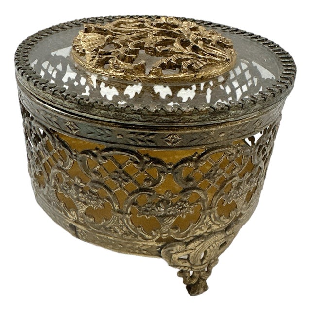 Vintage Ornate Gold Filigree Jewelry Box | Hollywood Regency Trinket Box | Vanity Keepsake Box | Floral Gold Tone Metal Decor For Sale