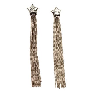 Chanel Silver CC Grey Shooting Star Silver Chain Tassel Long Dangle Clip on Earrings, Pair For Sale