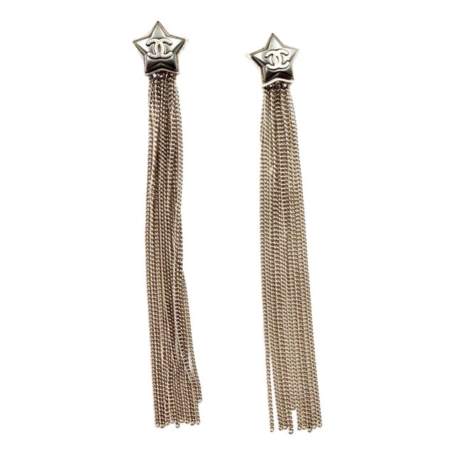 Chanel Silver CC Grey Shooting Star Silver Chain Tassel Long Dangle Clip on Earrings, Pair For Sale