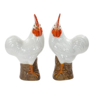 Large Pair of 1930's Chinese Porcelain Rooster Figures / Polychrome Decoration For Sale