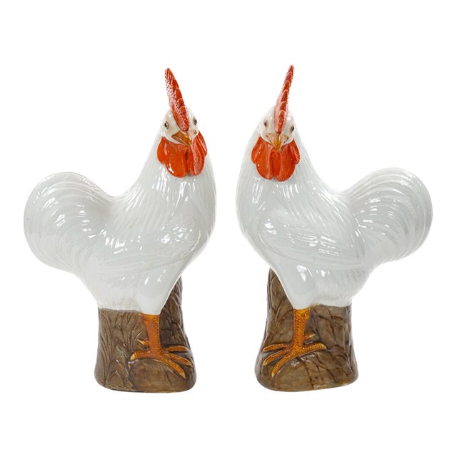 Large Pair of 1930's Chinese Porcelain Rooster Figures / Polychrome Decoration For Sale