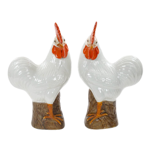 Large Pair of 1930's Chinese Porcelain Rooster Figures / Polychrome Decoration
