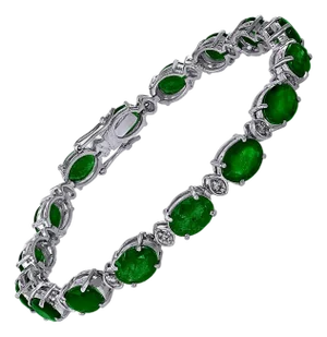 14 Carat Emerald 0.8 Carat Diamond Tennis Bracelet 18 Karat White Gold