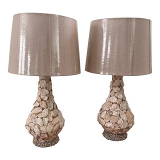 Late 20th Century Seashell Encrusted Table Lamps With Shades-a Pair For Sale
