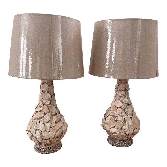 Coastal Vintage Oyster Shell Encrusted Table Lamps-a Pair For Sale - Image 3 of 12