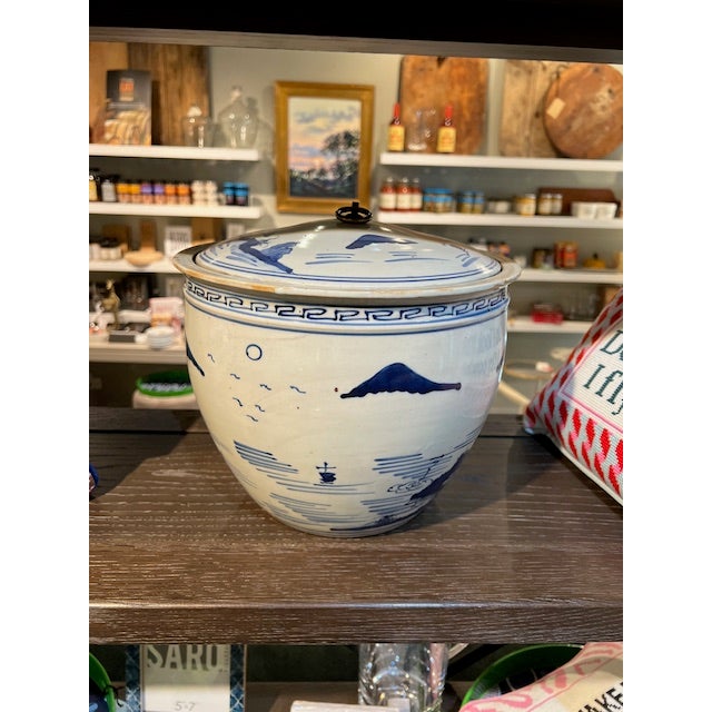 Traditional Hand Painted Stoneware Reproduction Ginger Jar W/ Landscape & Brass Ring For Sale - Image 3 of 5