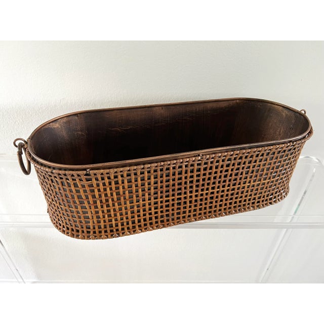 Rattan Wrapped Metal Planter With Round Handles For Sale - Image 9 of 13
