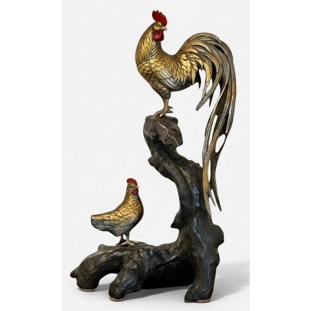 Hollywood Regency Japanese Meiji Style Bronze Sculpture of Rooster & Hen on Root Wood Base For Sale - Image 9 of 9