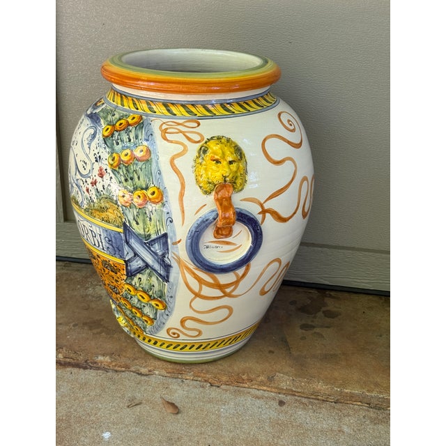 Ceramic Large 21” Hand-Painted Majolica-Style Floor Urn With Lion Head Ring Handles For Sale - Image 7 of 14