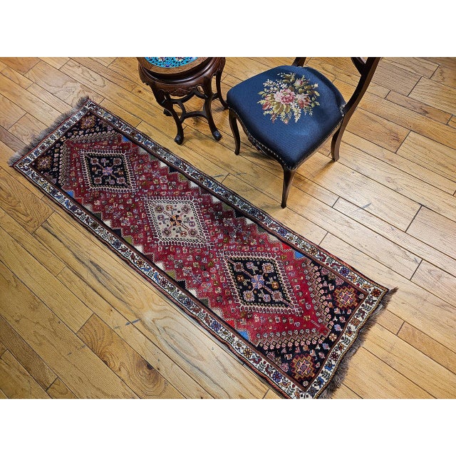 Vintage Persian Qashqai Gabbeh Runner Rug, Hand-Knotted Wool, Geometric Medallions Pattern, 2x7, Red & Navy For Sale In Chicago - Image 6 of 14