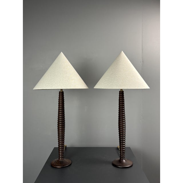 Mid-Century French Turned Wood Table Lamps in the style of Charles Dudouyt, 1970s, Set of 2 For Sale - Image 11 of 11