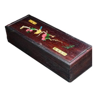 Vintage Chinese Zitan Wood Long Storage Box With Mother of Pearl Bird & Flower Inlay - Incense or Jewelry Box For Sale