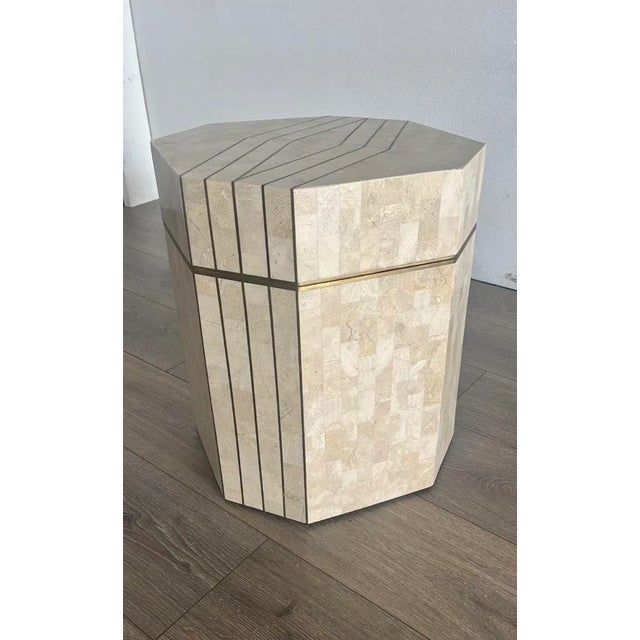 Contemporary Tessellated Coral & Brass Inlay Maitland Smith Hinged Side Table Box For Sale - Image 3 of 11