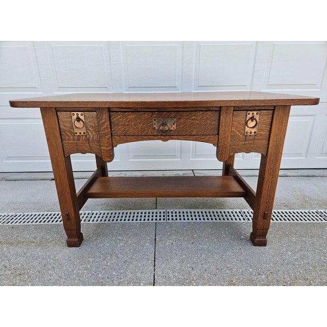 Early 20th Century Arts and Crafts Mission Oak Desk -Attributed to Imperial Furniture For Sale - Image 5 of 14