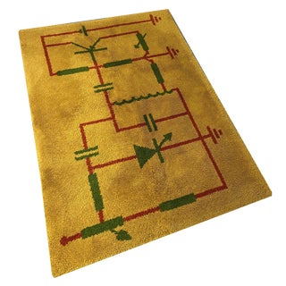 Mid-Century Art Deco Modernist Yellow, Red, Green Wool Rug, 1930s For Sale