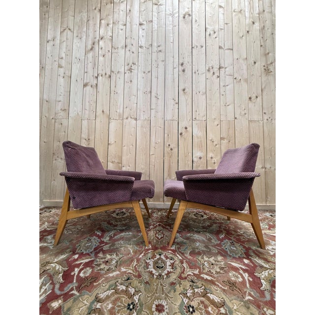 1950s Lounge Chairs in Oak and Velvet, 1950s, Set of 2 For Sale - Image 5 of 7