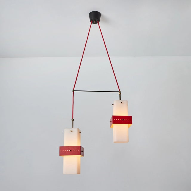 Mid-Century Modern 1950s Stilnovo Red Metal & Opaline Glass Suspension Lamp, Unmarked For Sale - Image 3 of 13