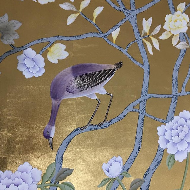 Gold Leaf Chinoiserie Hand-Painted Lavender Peony & Bird Wall Panels (Set of 2) For Sale - Image 4 of 4