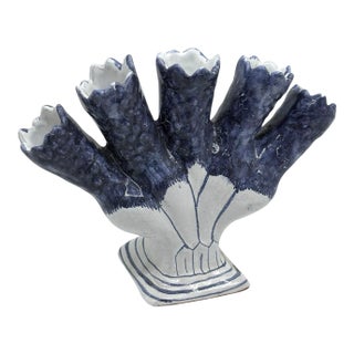 Vintage Five Finger Blue and White Tulip Vase Made in Portugal For Sale