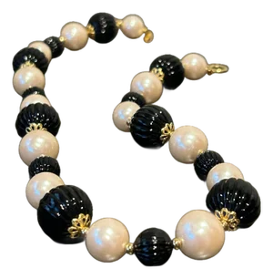 Vintage Trifari Gold-Tone Faux Pearl & Black Ribbed Bead Necklace | Signed Trifari Tm | Classic Mid-Century Costume Jewelry