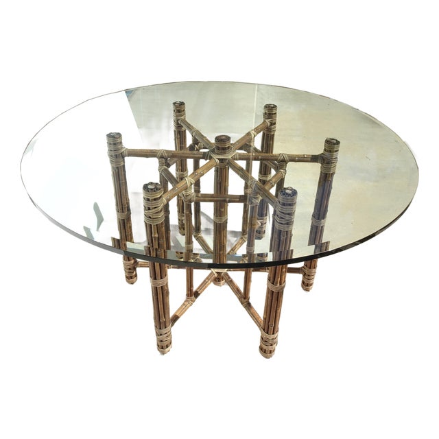 Vintage McGuire Organic Modern Bamboo Rattan Round Dining Table W Leather Straps For Sale