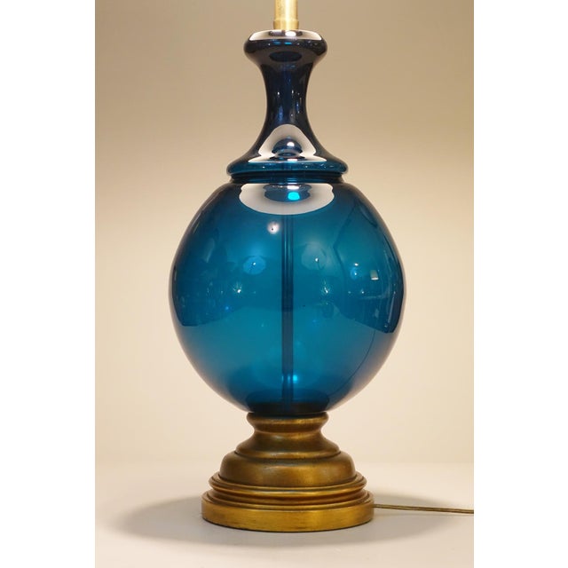 1960s Xlarge Marbro Thick Blown Murano Italy Ultramarine Art Glass Brass Table Lamp 1960's Blenko For Sale - Image 5 of 12