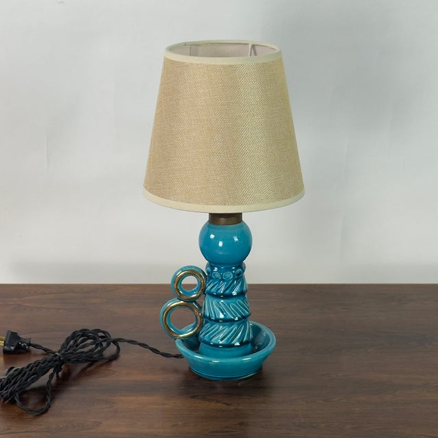 Accolay Pottery 1960s Small Turquoise Ceramic Candlestick Lamp by Accolay Pottery For Sale - Image 4 of 7