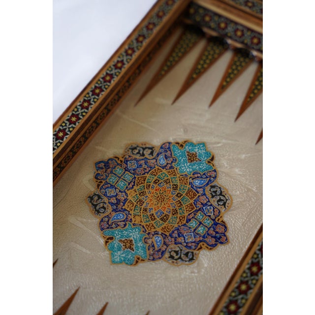 Metal Compact Marquetry and Hand-Painted Chess & Backgammon Set With Mother-of-Pearl For Sale - Image 7 of 8