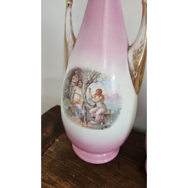 Late 19th Century Antique Austrian Carl Larsen “Ruby & Emerald” Pink Porcelain Lidded Urn Vases – Pair, Circa 1900 For Sale - Image 5 of 18