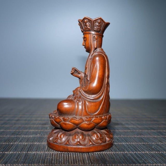 Wood Boxwood Carving of Ksitigarbha Bodhisattva on Lotus For Sale - Image 7 of 9