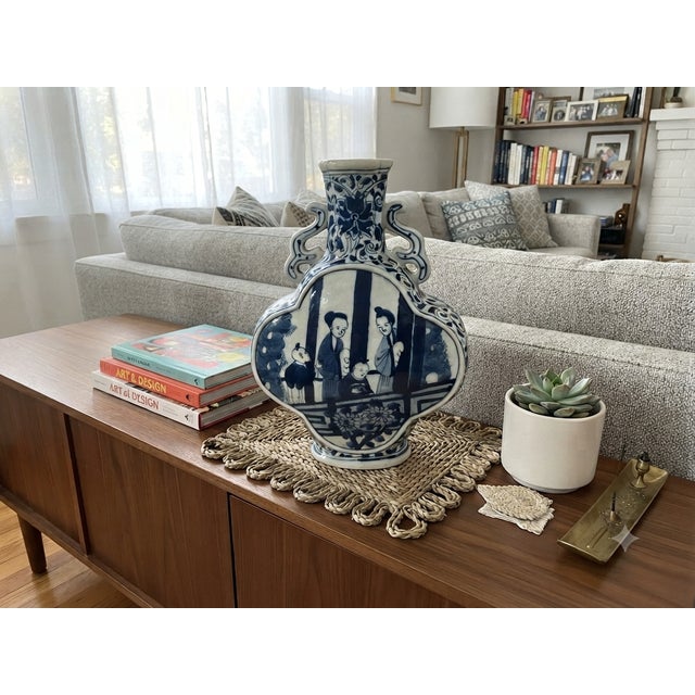 Chinese Blue White Porcelain MoonFlask Scenery Graphic Art Vase For Sale - Image 12 of 15