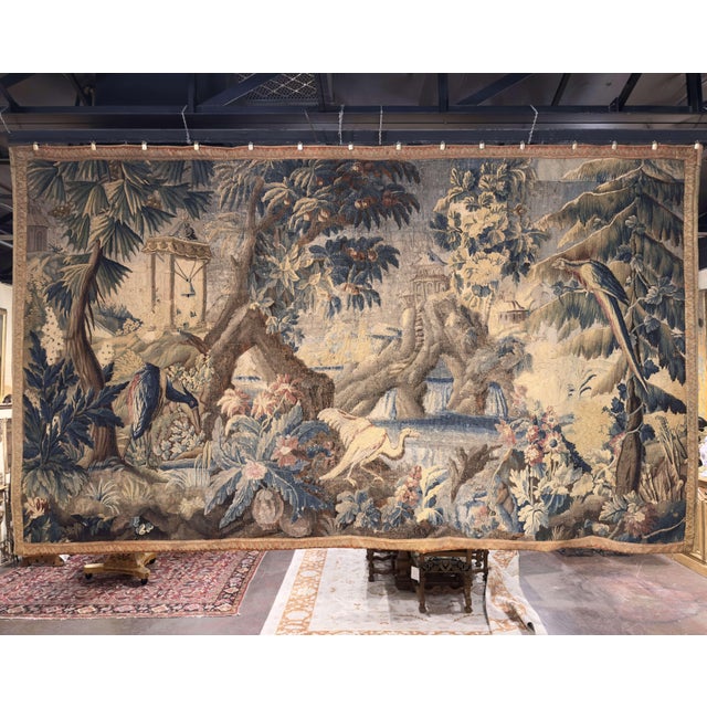 Mid 18th Century 18th C. French Hand Woven Aubusson Tapestry With Birds, Ruins, and Floral Border For Sale - Image 5 of 15