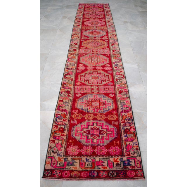 1960s Vintage Hand-Knotted Colorful Runner Rug 2x13 Ft Approx For Sale - Image 9 of 16