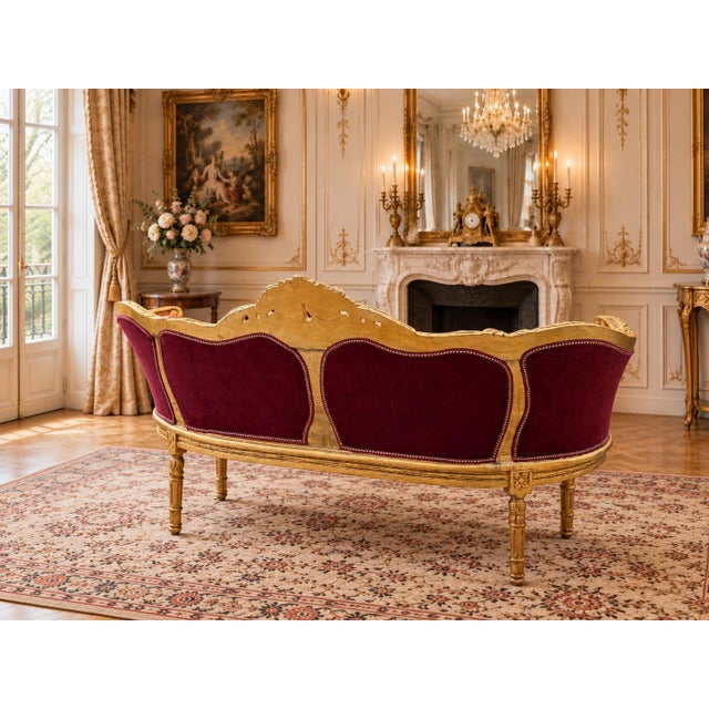 1960 Artisan Louis XVI Burgundy Beech Sofa Set-3 Pc For Sale - Image 9 of 16