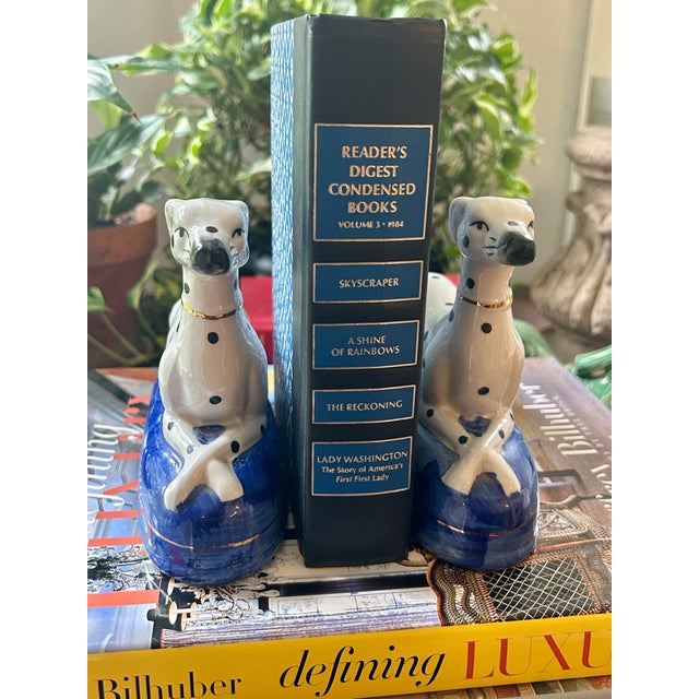 English Vintage Staffordshire Style Dalmatian Dog Ceramic Bookends on Cobalt Blue Bases – A Pair For Sale - Image 3 of 9