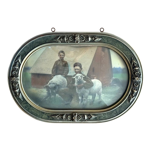 Antique Convex Bubble Glass Hand-Colored Portrait - Farm Boys w/Sheep 19 x 13 For Sale
