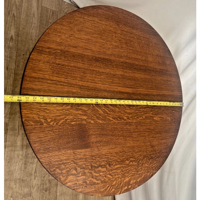 Round Pedestal Expanding Dining Table Antique Arts & Crafts Quarter-Sawn Oak For Sale - Image 14 of 15