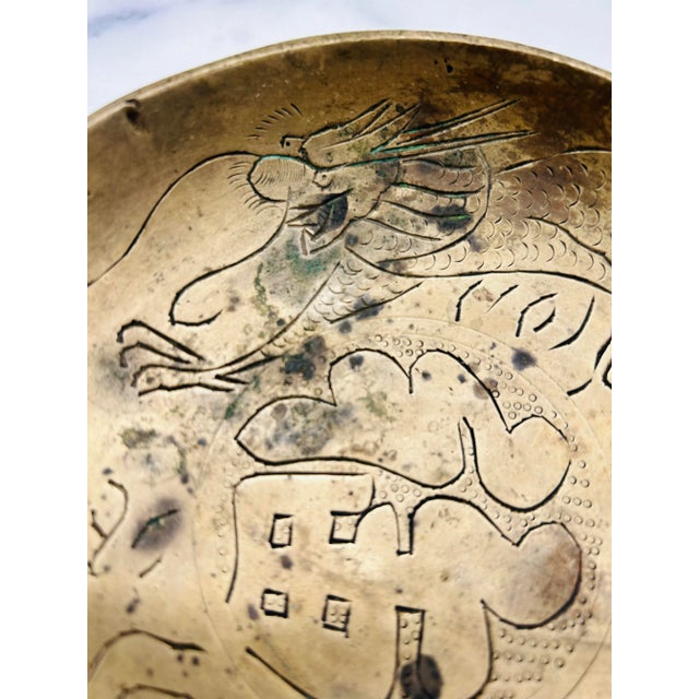 Sweet vintage Chinoiserie brass dish with dragon motif. Catch all for your home office, jewelry or as coffee table decor.