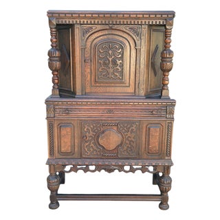 Early 20th Century Jacobean Revival Carved Oak Court Cupboard Cabinet For Sale