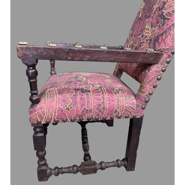 Unusual Early 19th Century Jacobean Gothic Open Arm Chair Recently Reupholstered For Sale - Image 16 of 16