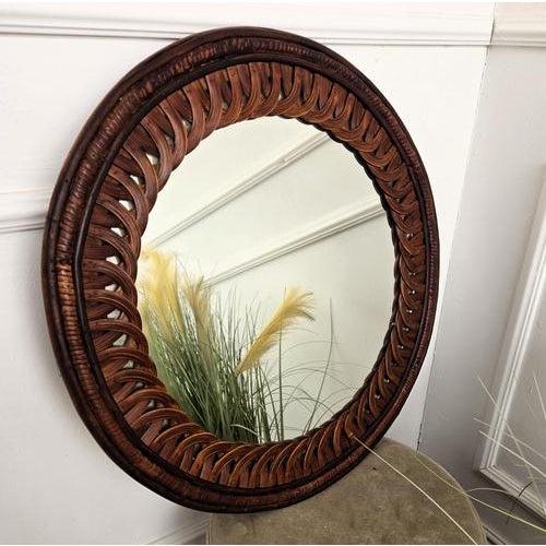 Vintage Italian Round Wood Wall Mirror, 1970s For Sale - Image 3 of 7