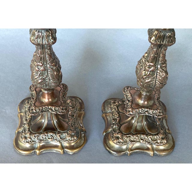 Late 20th Century Ornate, Silver Plated, Antique English Candlestick Table Lamps - a Pair For Sale - Image 4 of 7