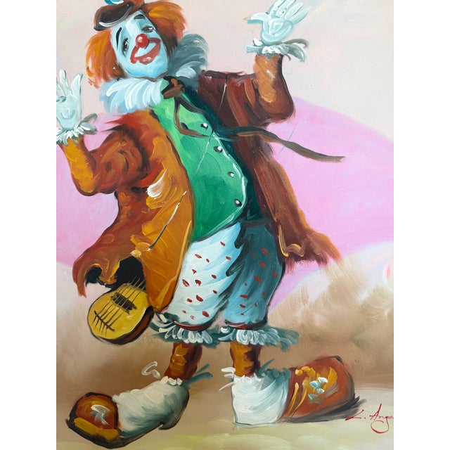 Late 20th Century Oil Painting Clown Musician Signed L. Angeli Colorful Figurative Art Circus For Sale - Image 11 of 12